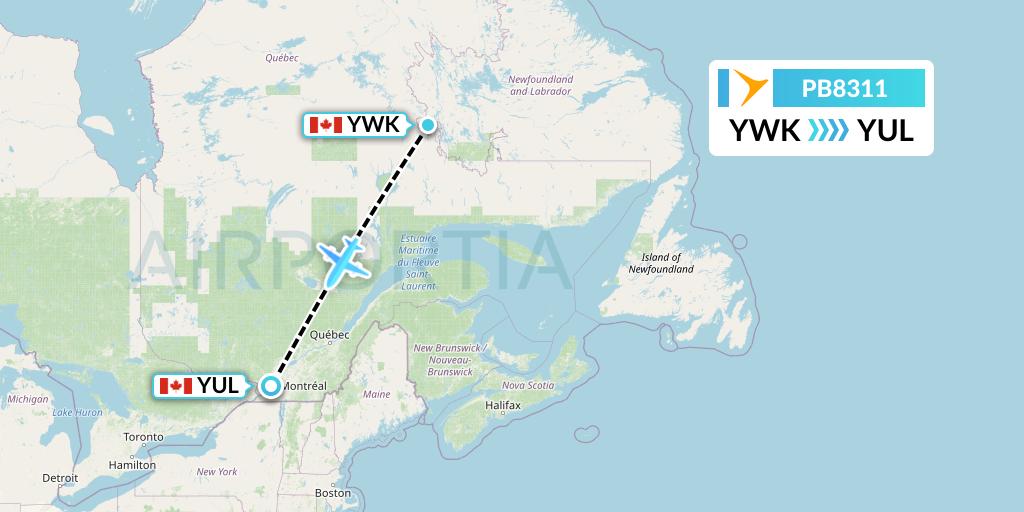 PB8311 PAL Airlines Flight Map: Wabush to Montreal