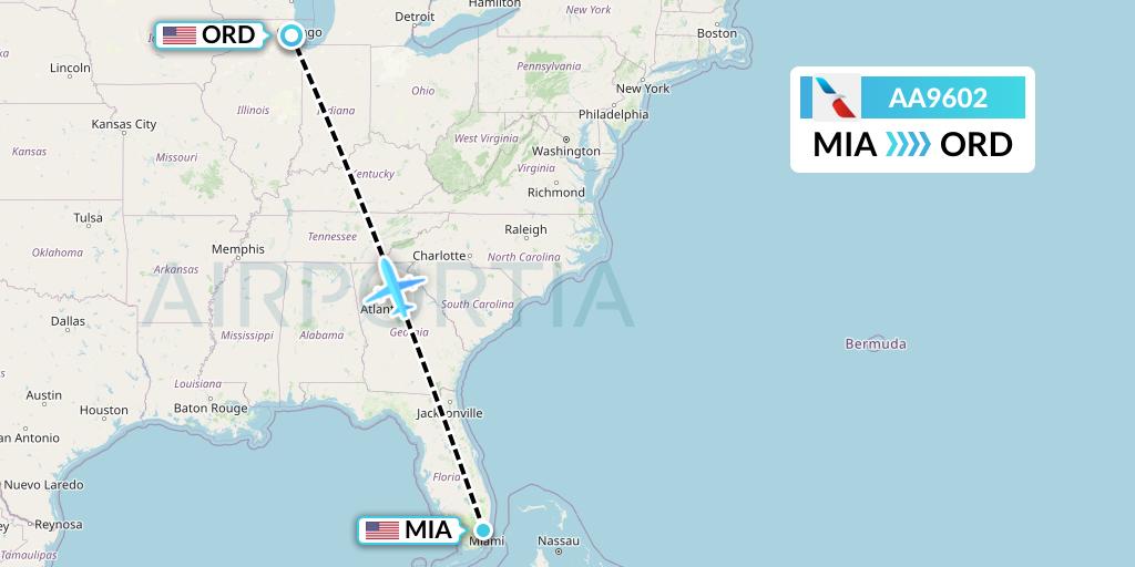 AA9602 American Airlines Flight Map: Miami to Chicago