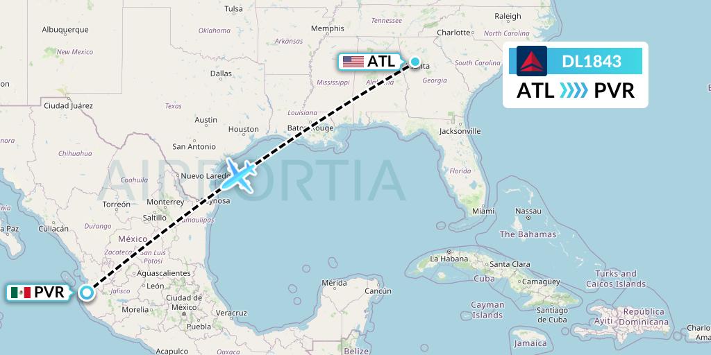 DL1843 Delta Air Lines Flight Map: Atlanta to Puerto Vallarta