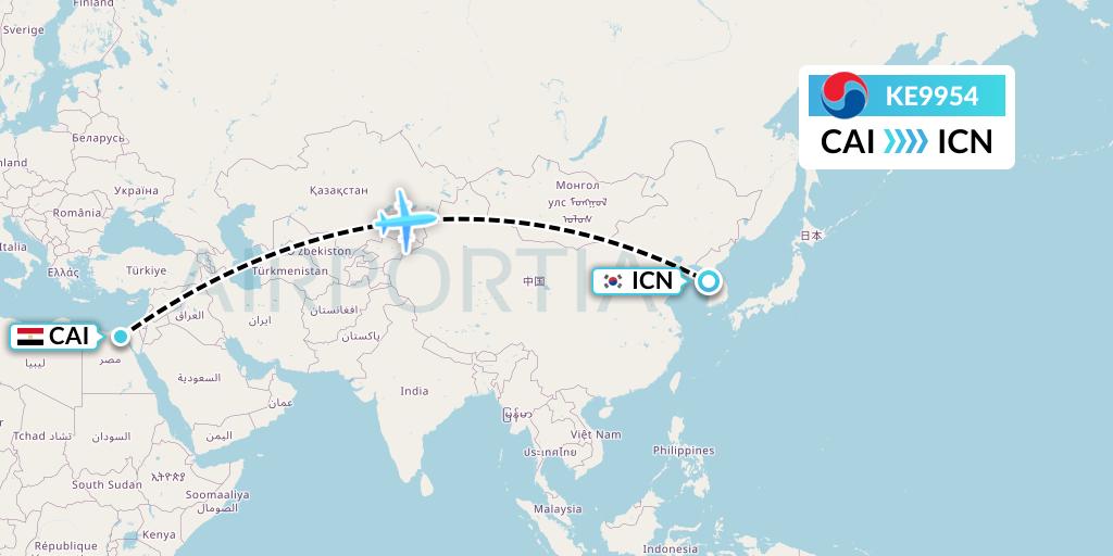 KE9954 Korean Air Flight Map: Cairo to Seoul