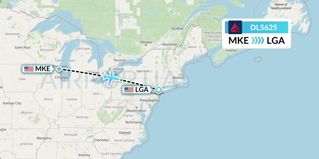 DL5625 Delta Air Lines Flight Map: Milwaukee to New York