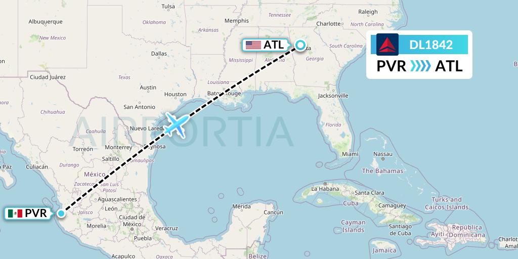 DL1842 Delta Air Lines Flight Map: Puerto Vallarta to Atlanta