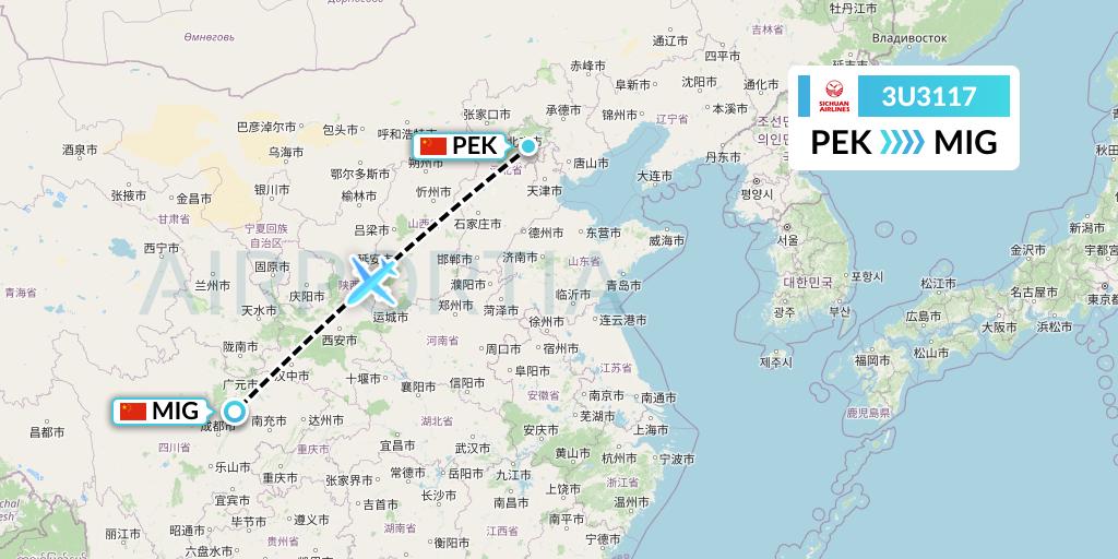3U3117 Sichuan Airlines Flight Map: Beijing to Mianyang