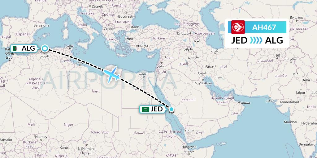 AH467 Air Algerie Flight Map: Jeddah to Algiers