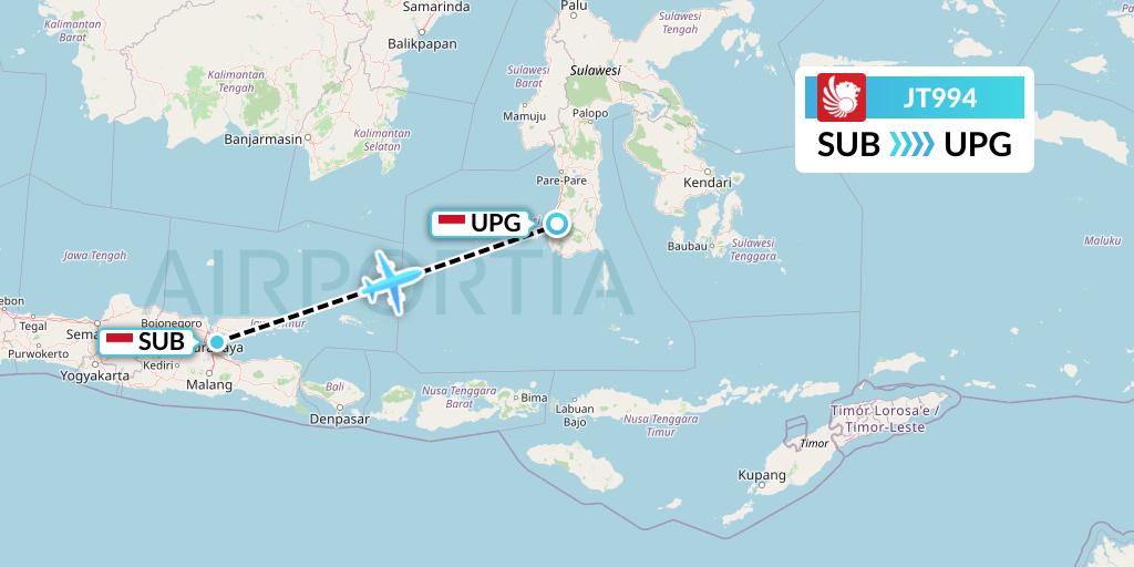 JT994 Lion Airlines Flight Map: Surabaya to Makassar