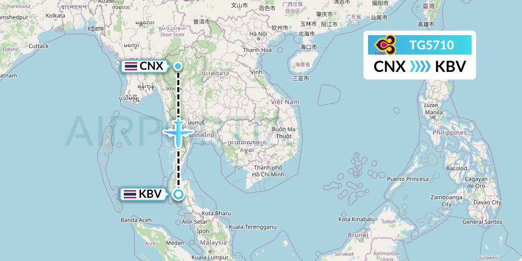 TG5710 Thai Airways Flight Map: Chiang Mai to Krabi