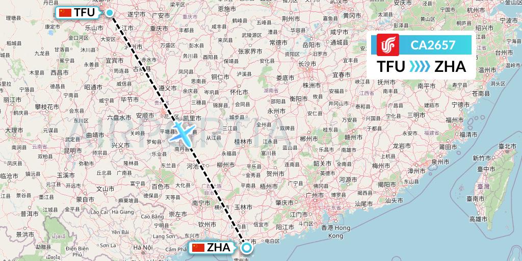 CA2657 Air China Flight Map: Chengdu to Zhanjiang