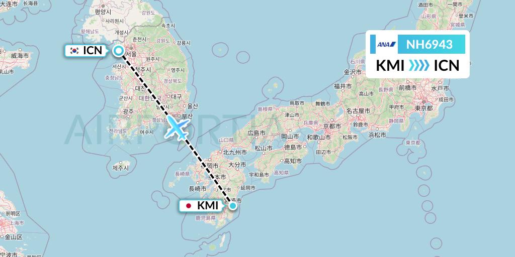 NH6943 All Nippon Airways Flight Map: Miyazaki to Seoul