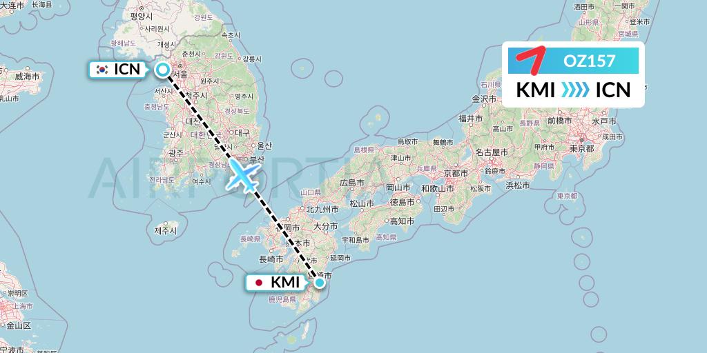 OZ157 Asiana Airlines Flight Map: Miyazaki to Seoul