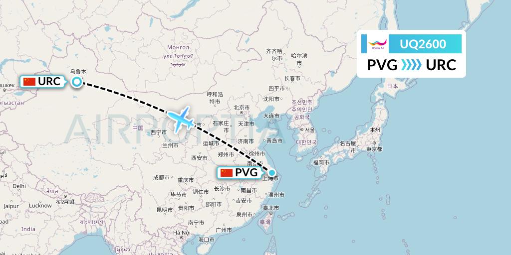 UQ2600 Urumqi Airlines Flight Map: Shanghai to Urumqi