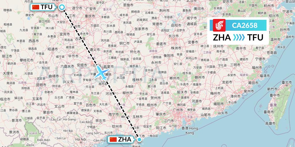 CA2658 Air China Flight Map: Zhanjiang to Chengdu