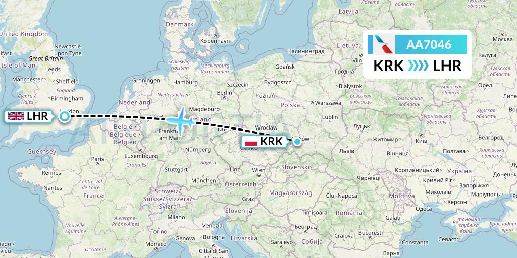 AA7046 American Airlines Flight Map: Krakow to London