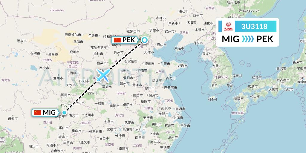 3U3118 Sichuan Airlines Flight Map: Mianyang to Beijing