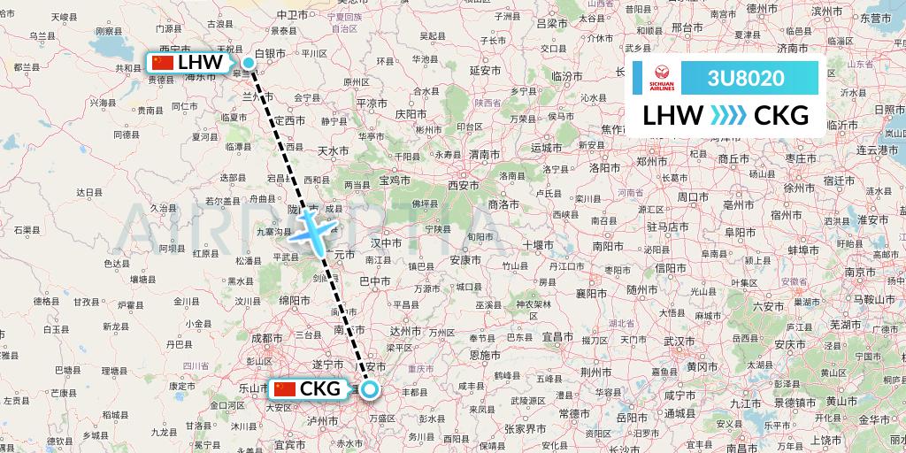 3U8020 Sichuan Airlines Flight Map: Lanzhou to Chongqing