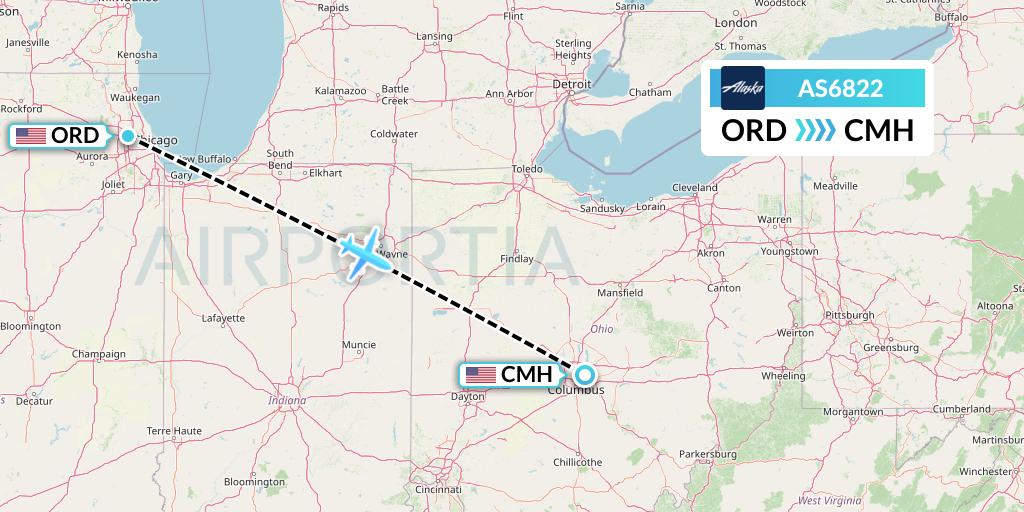 AS6822 Alaska Airlines Flight Map: Chicago to Columbus