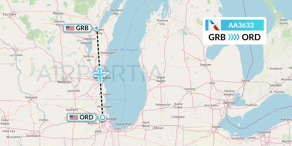 AA3633 American Airlines Flight Map: Green Bay to Chicago