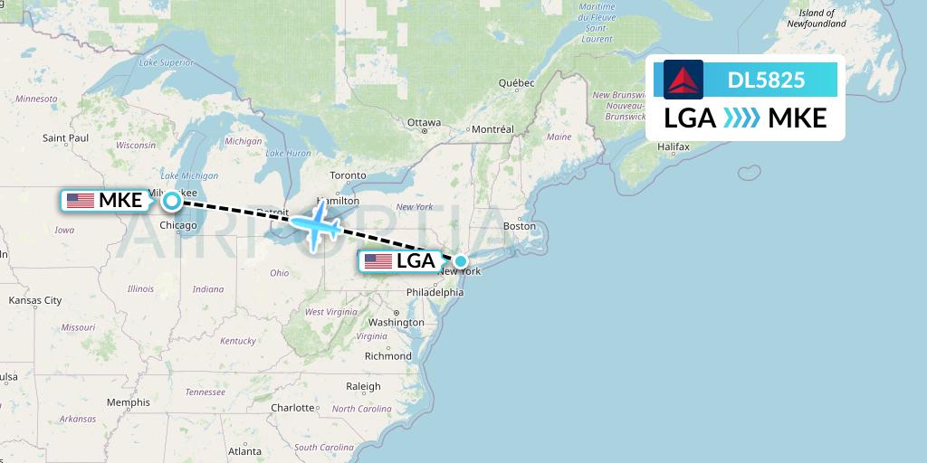 DL5825 Delta Air Lines Flight Map: New York to Milwaukee