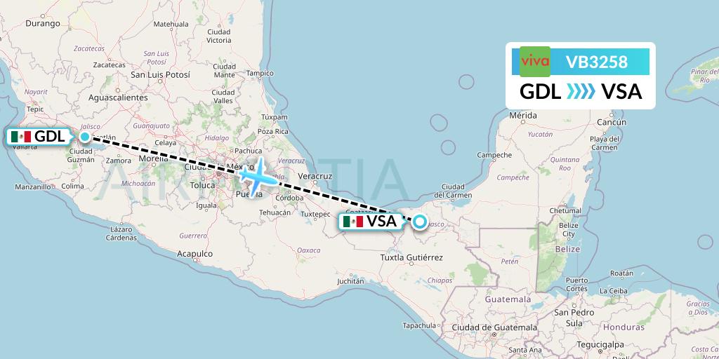 VB3258 VivaAerobus Flight Map: Guadalajara to Villahermosa