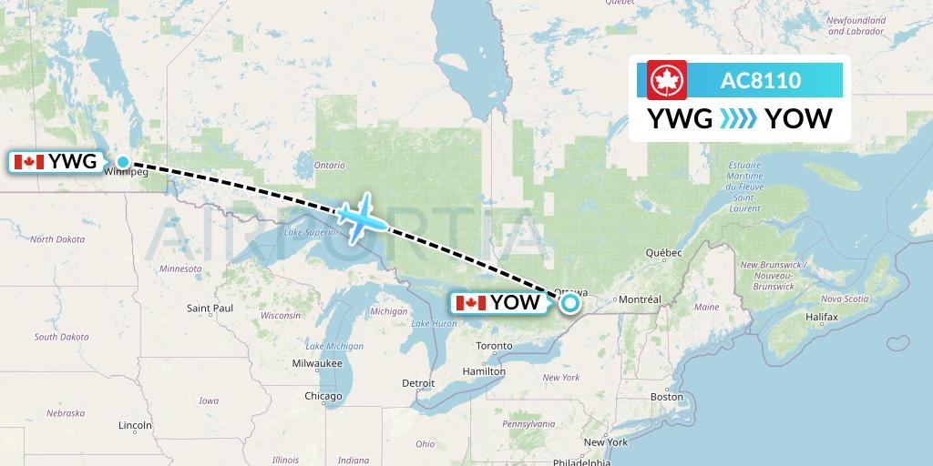 AC8110 Air Canada Flight Map: Winnipeg to Ottawa