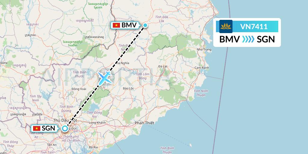 VN7411 Vietnam Airlines Flight Map: Buon Ma Thuot to Ho Chi Minh City