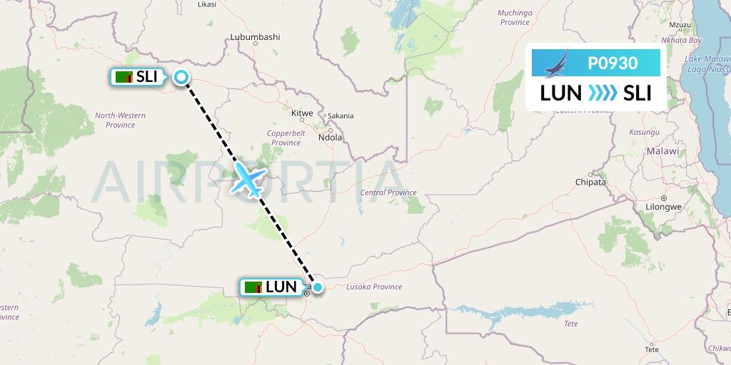 P0930 Proflight Air Services Flight Map: Lusaka to Solwesi