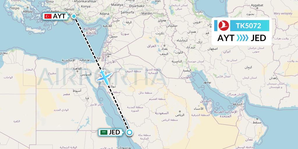 TK5072 Turkish Airlines Flight Map: Antalya to Jeddah