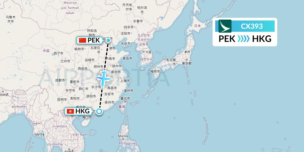 CX393 Cathay Pacific Flight Map: Beijing to Hong Kong