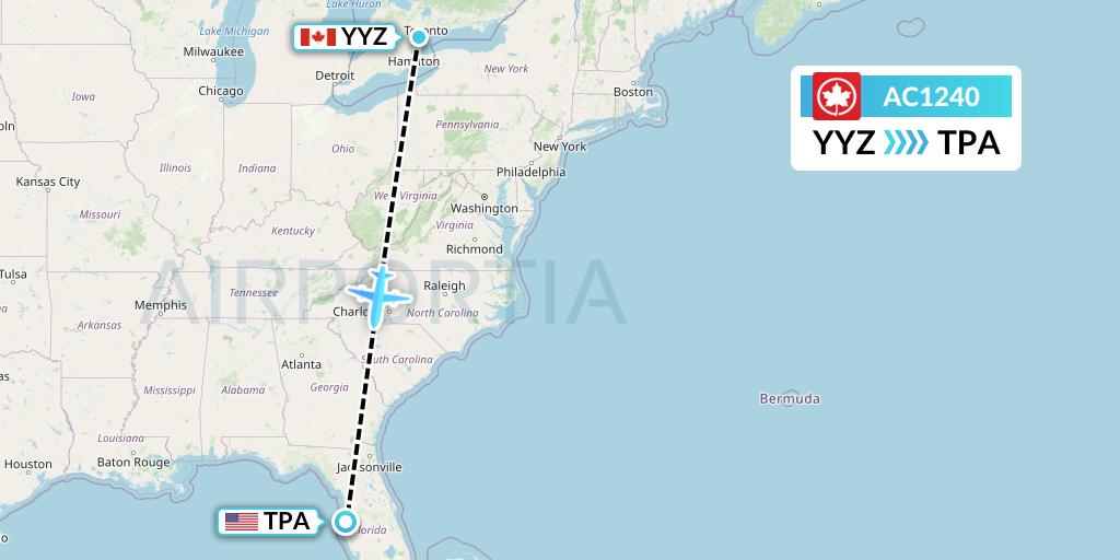 AC1240 Air Canada Flight Map: Toronto to Tampa