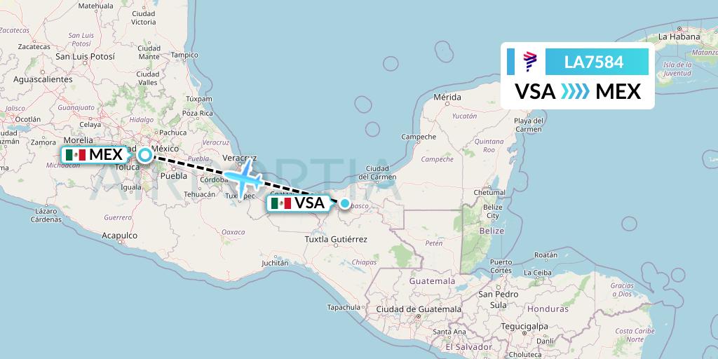 LA7584 LAN Airlines Flight Map: Villahermosa to Mexico City