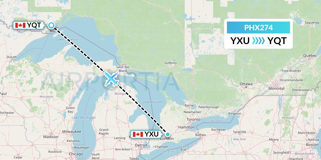 PHX274 SkyCare Flight Map: London to Thunder Bay