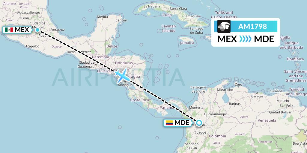AM1798 Aeromexico Flight Map: Mexico City to Medellin