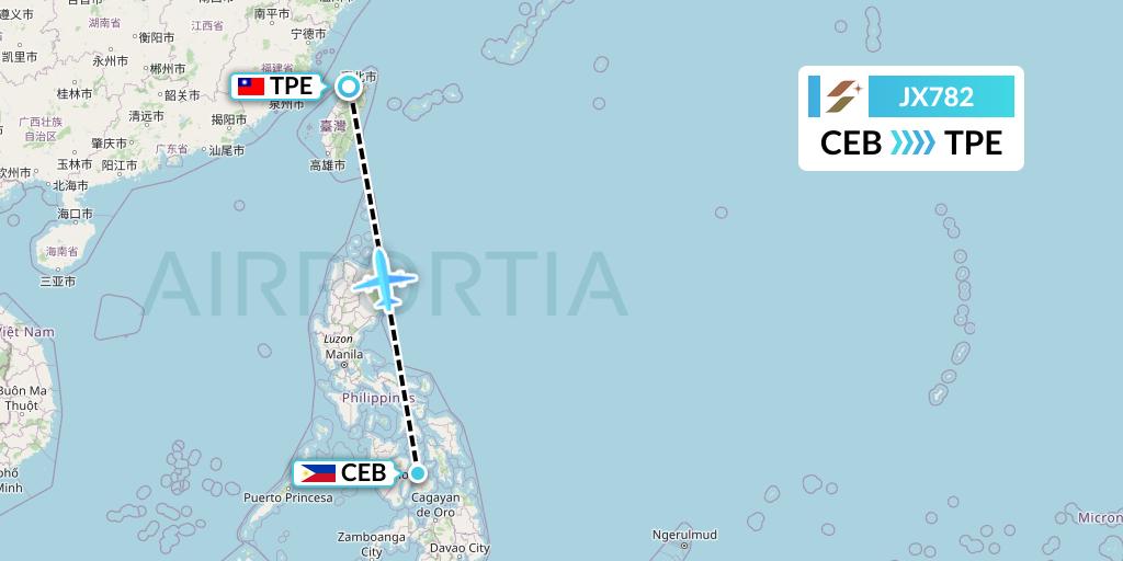 JX782 Starlux Airlines Flight Map: Cebu to Taipei