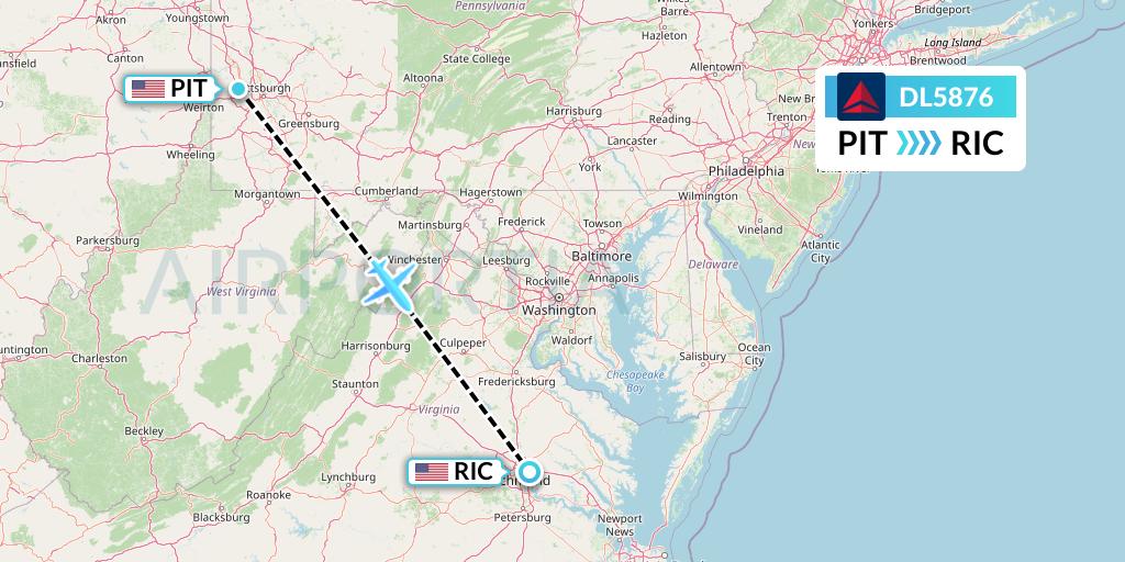 DL5876 Delta Air Lines Flight Map: Pittsburgh to Richmond