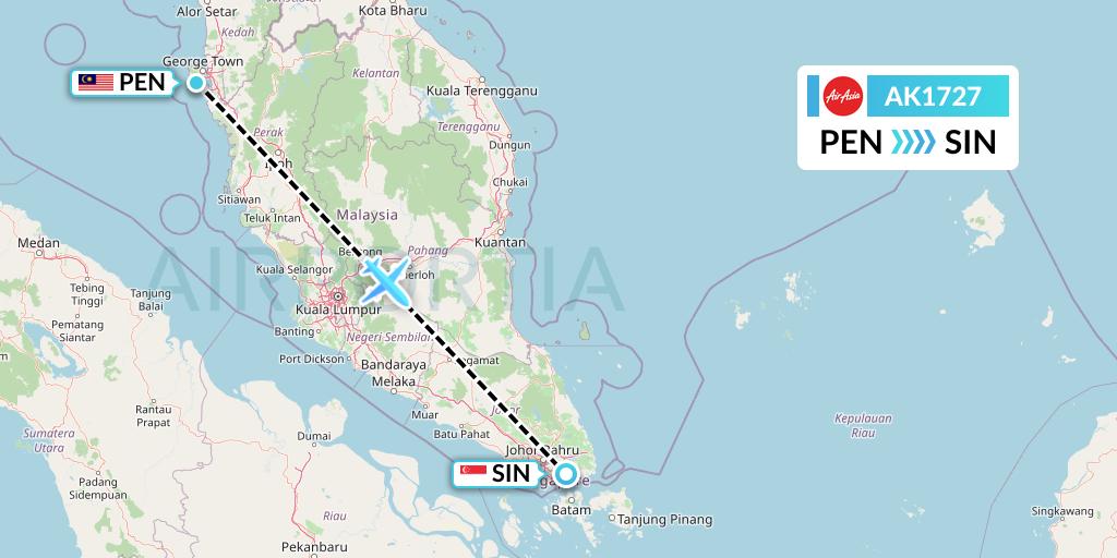AK1727 AirAsia Flight Map: Penang to Singapore