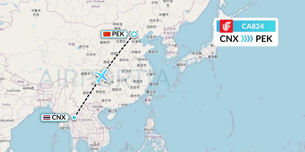 CA824 Air China Flight Map: Chiang Mai to Beijing