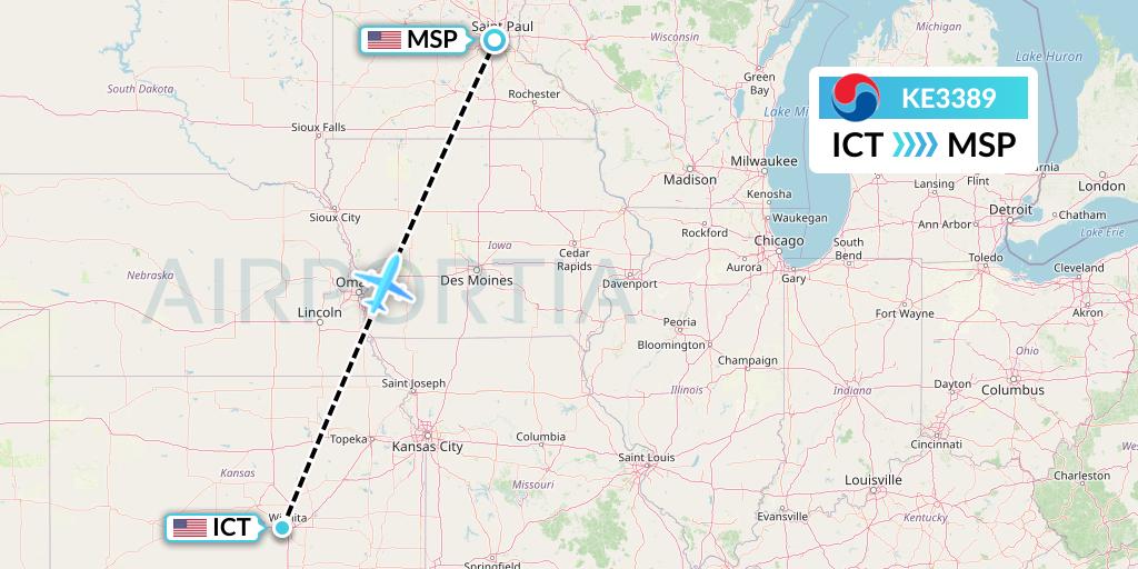 KE3389 Korean Air Flight Map: Wichita to Minneapolis