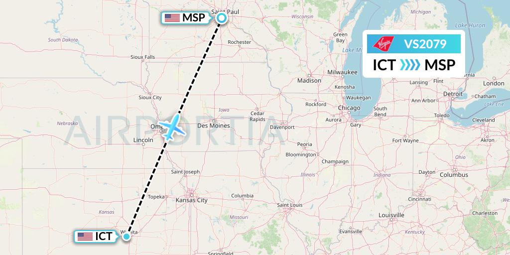 VS2079 Virgin Atlantic Airways Flight Map: Wichita to Minneapolis