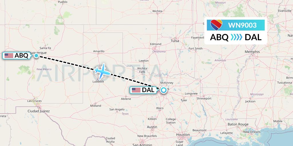 WN9003 Southwest Airlines Flight Map: Albuquerque to Dallas