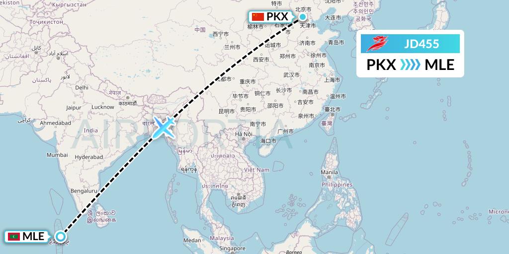 JD455 Capital Airlines Flight Map: Beijing to Male