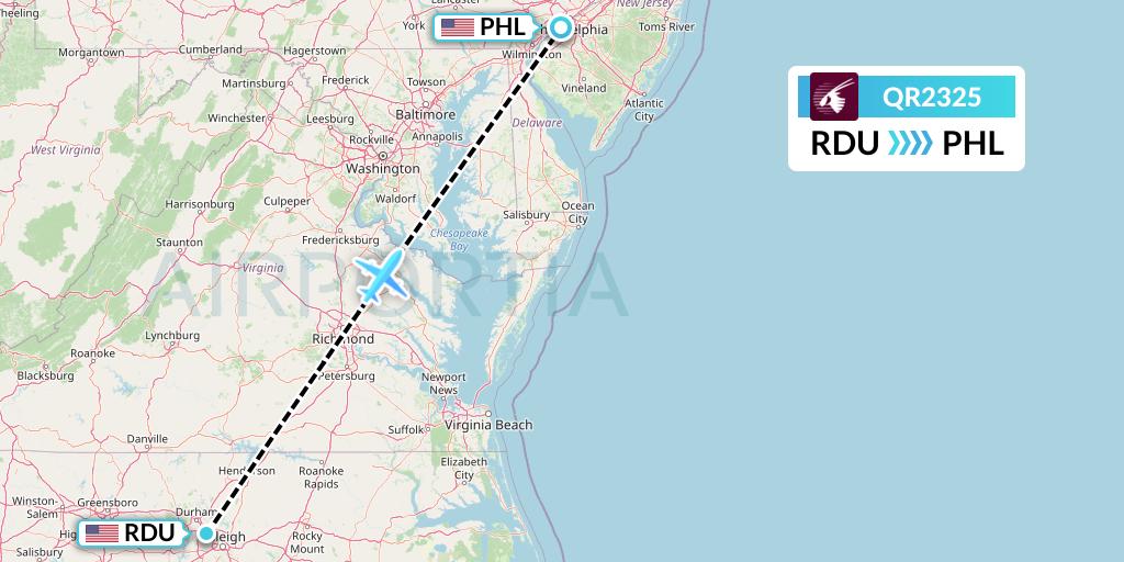 QR2325 Qatar Airways Flight Map: Raleigh-Durham to Philadelphia