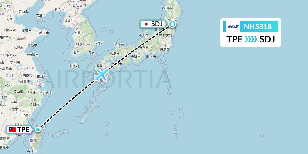 NH5818 All Nippon Airways Flight Map: Taipei to Sendai