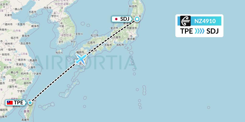 NZ4910 Air New Zealand Flight Map: Taipei to Sendai