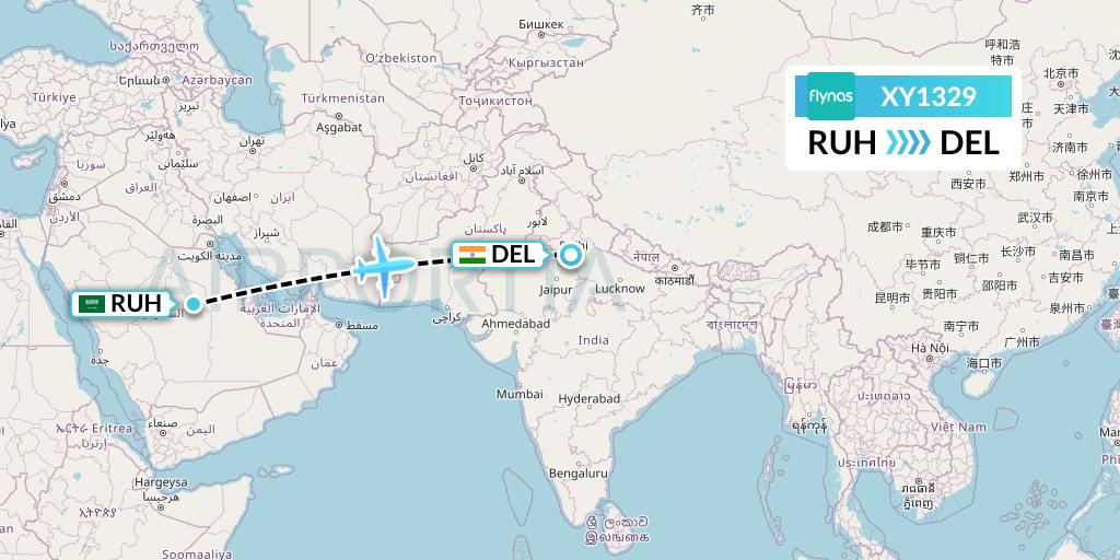 XY1329 Flynas Flight Map: Riyadh to Delhi