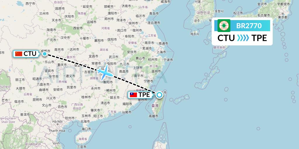 BR2770 EVA Air Flight Map: Chengdu to Taipei