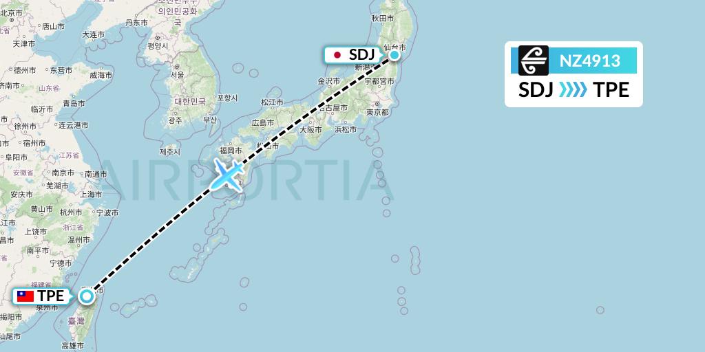 NZ4913 Air New Zealand Flight Map: Sendai to Taipei