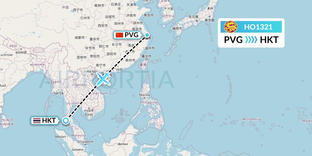 HO1321 Juneyao Airlines Flight Map: Shanghai to Phuket