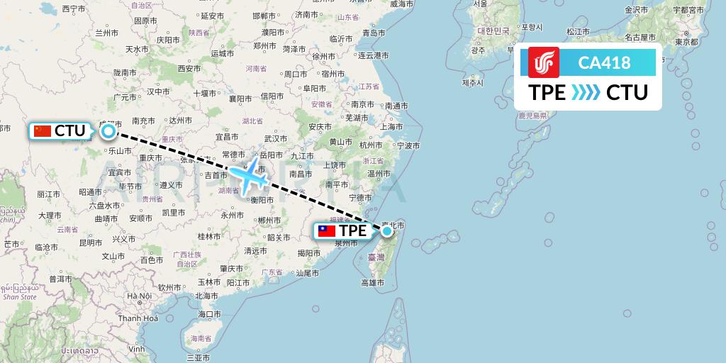 CA418 Air China Flight Map: Taipei to Chengdu