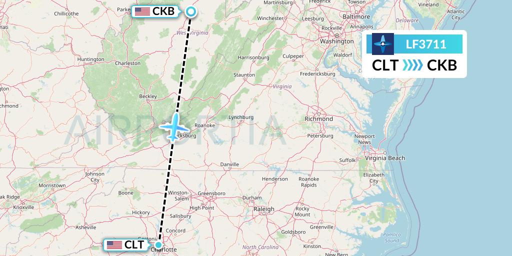 LF3711 Corporate Flight Management Flight Map: Charlotte to Clarksburg