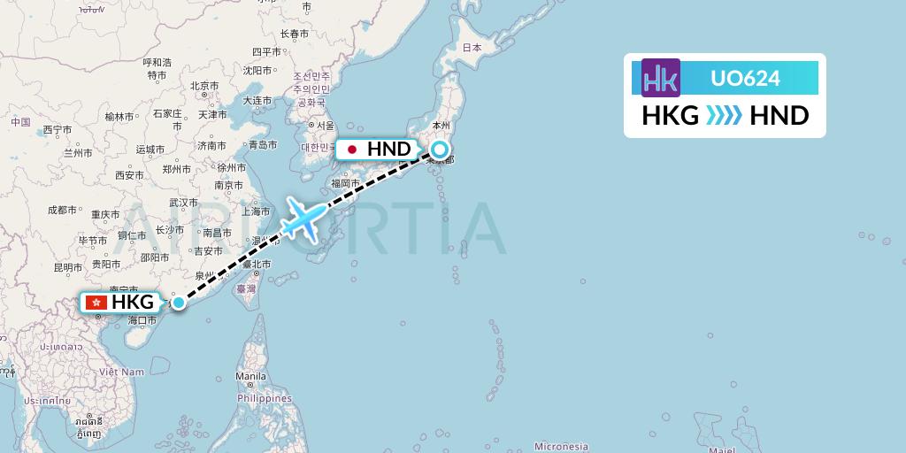 UO624 Hong Kong Express Flight Map: Hong Kong to Tokyo