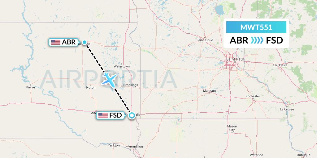 MWT551 Midwest Aviation Division Flight Map: Aberdeen to Sioux Falls